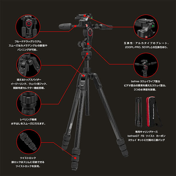 《2年延長保証付》 マンフロット MKBFRTC4GTFB-3W befreeGT FB ツイスト カーボン三脚+3ウェイ雲台キット